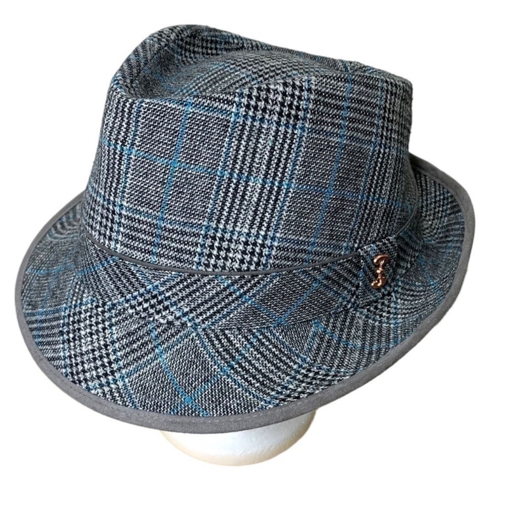 Who Ced Shaw Fedora Hat Sz M Gray Blue Plaid Wool Blend Suede Trim Hipsters